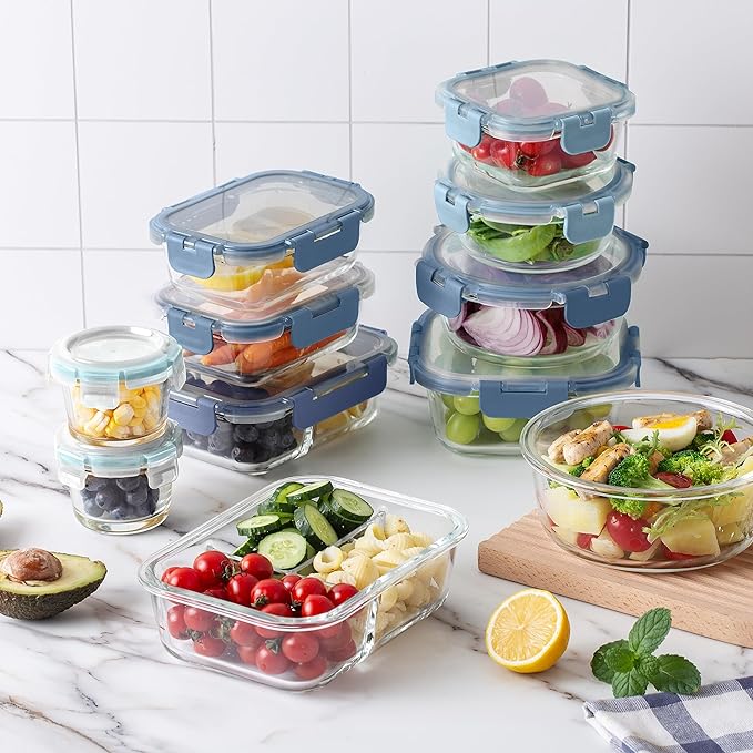 COOK WITH COLOR Premium 32-Pc. Borosilicate Glass Food Container Set with Dividers - 4 Rectangles, 8 Rounds, 4 Squares - Leakproof Lids - Meal Prep, Storage, Blue
