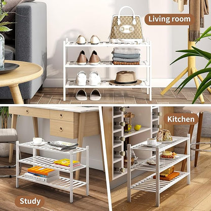 Bamboo Shoe Rack Stackable Shoe Shelf Storage Organizer for Unit Entryway Hallway and Closet Sturdy Freestanding Shoe Shelf(3 Tier White)