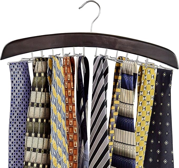 Richards Wooden Tie Rack Hanging Organizer for Mens Closet Accessories, Space Saving Necktie Holder for Storage and Display, Holds 24 Ties, Hook, Walnut Wood with Chrome Accents
