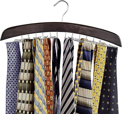Richards Wooden Tie Rack Hanging Organizer for Mens Closet Accessories, Space Saving Necktie Holder for Storage and Display, Holds 24 Ties, Hook, Walnut Wood with Chrome Accents