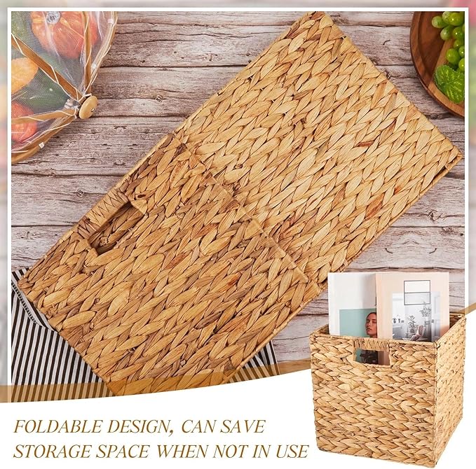 Jinei 12 Pcs Wicker Storage Basket Bulk 12 x 12 x 12 Inch Handwoven Water Hyacinth Cube Bin with Handles Woven Laundry for Organizer Shelves Wood Color