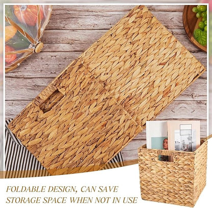 Jinei 12 Pcs Wicker Storage Basket Bulk 10 x 10 x 10 Inch Handwoven Water Hyacinth Cube Bin with Handles Woven Laundry for Organizer Shelves Wood Color