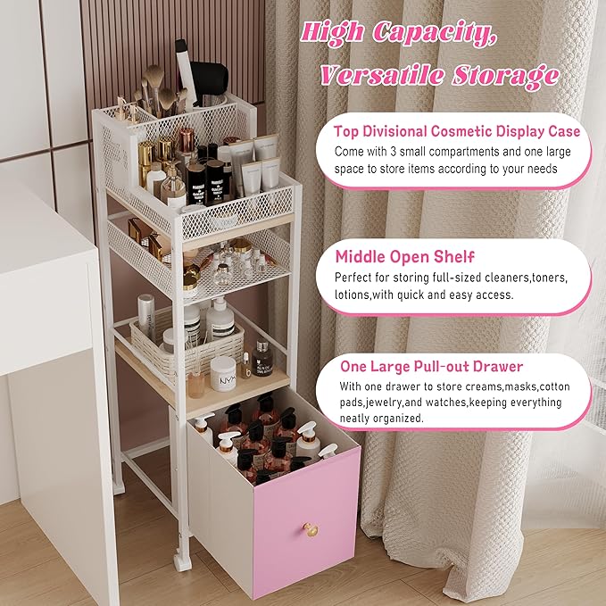 Floor Makeup Organizer Cart, Makeup and Skincare Organizer with Drawers, Bathroom Vanity Organizer, Cosmetics Display Cases Holder for Skin Care Nail Polish Perfume Makeup Brush (Pink)