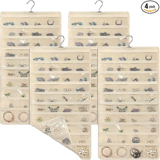 Kenning 4 Pcs Hanging Jewelry Organizer with 80 Pockets Earring Storage Organizer Dual Sided Earring Holder Necklace Hanger Closet for Bracelet, Necklace, Ring, Knitting Tool, Accessories, Beige
