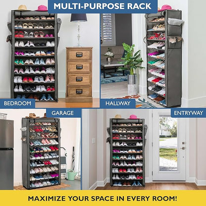 Sundaze Shoe Rack with Cover - 10 Tier Shoe Rack for Front Door Entrance, Sturdy Tall Shoe Organizer for Bedroom, Closet, Garage, Non Woven Fabric Shelf, Grey, Holds Up to 50 Pairs