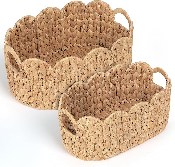 iEGrow Scalloped Wicker Basket, Set of 2 Hand-Woven Natural Rattan Baskets with Built-in Handles, Water Hyacinth Storage Oval Cute Baby Baskets for Nursery, Organizing, Decor and Shelves