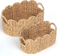 iEGrow Scalloped Wicker Basket, Set of 2 Hand-Woven Natural Rattan Baskets with Built-in Handles, Water Hyacinth Storage Oval Cute Baby Baskets for Nursery, Organizing, Decor and Shelves