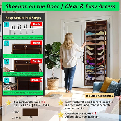 Kotkn 24-Pair Over Door Shoe Organizer for Family & Kids, Double Sided | Hanging Storage for Sneakers, Boots, Toys & Room Organization-Pearl Whitet-Walnut Brown