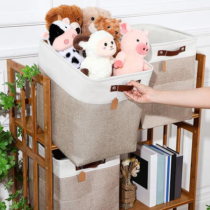 Uiifan 10 Pcs Collapsible Storage Bins Fabric Foldable Storage Basket with Handles Cloth Organizer Linen Shelf Baskets for Shelves Home Closet Nursery Toys(17 x 15 x 12 Inch,Beige and White)
