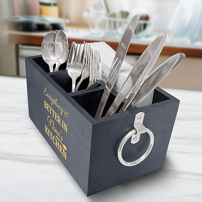 Classy Wooden Kitchen Utensil Organizer, Engraved Nana's Kitchen Quote Utensil Organizer, Utensil Caddy with 3 Compartments, Countertop Caddy Box