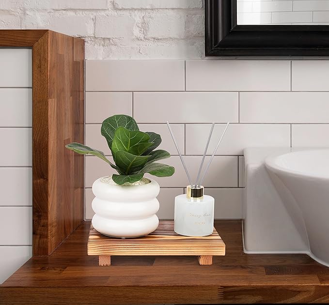 Bathroom Counter Organizer Wood Pedestal Stand Farmhouse Decorative Tray Soap Holder for Kitchen Decor, 9" x 6" - Brown