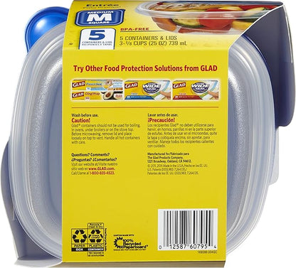 Glad GladWare Entree Food Storage Containers with Lids, Medium Square No BPA Plastic for Meal Prep and Lunches, Lock Tight Seal, Microwave and Dishwasher Safe, 25 Oz, 5 Count - 6 Pack