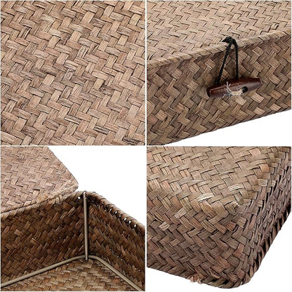 Hipiwe Flat Wicker Basket Bins with Lid - Set of 3 Handwoven Seagrass Storage Basket Shelf Baskets Boxes Multipurpose Home Organizer Bins Boxes for Shelf Pantry Closet,Large Size 14.8"x13" Coffee