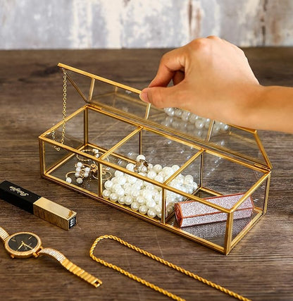 Vintage Golden Glass Lidded Box Clear Glass & Brass Metal Storage Jewelry and Cosmetic Makeup Organizer with Lid Beauty Display, Rectangle with 3 Compartment