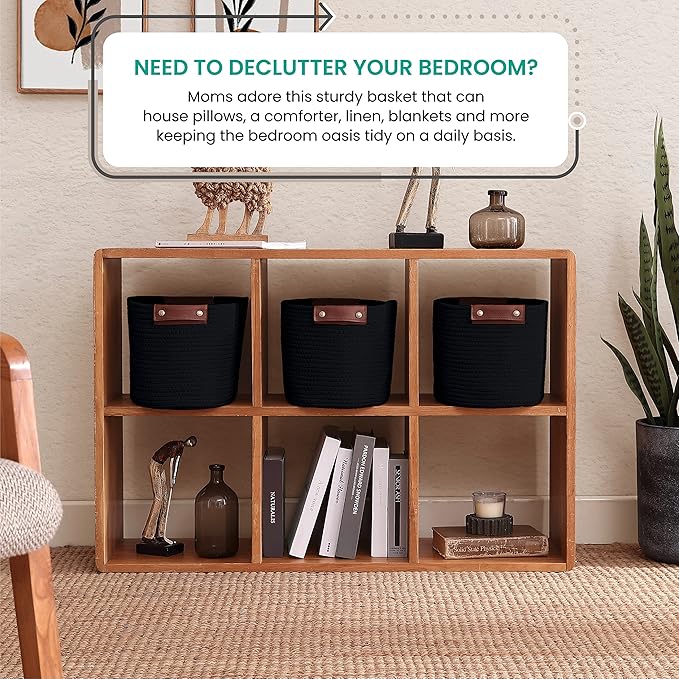 3 Pack Cotton Rope Storage Basket Woven Shelf Storage Bin with Faux Leather Handles, Decorative Closet Shelf Woven Basket for Storage Organizers, 15 x 10 x 9, Black