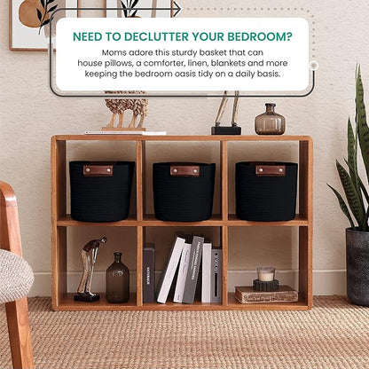 3 Pack Cotton Rope Storage Basket Woven Shelf Storage Bin with Faux Leather Handles, Decorative Closet Shelf Woven Basket for Storage Organizers, 15 x 10 x 9, Black