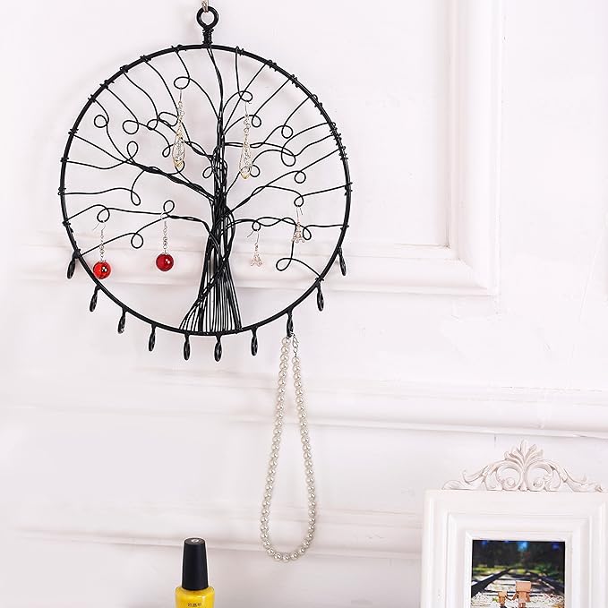 MyGift Jewelry Organizer - Wall Mounted Metal Scrollwork Design Necklace Holder Jewelry Display Storage Rack with 20 Hanging S-Hooks (Black-1)