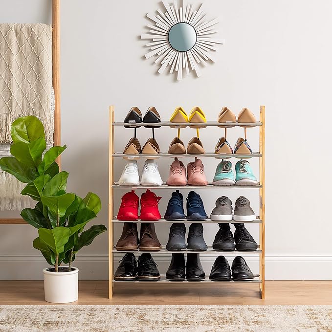 IRIS USA 3-Tier Shoe Rack, Up to 15 Pairs, 25" - 46" L Extendable Shoe Shelf, for Entryway Mudroom, Extendable Shoe Organizer for Closet, Stackable Shoe Storage, Metal Shoe Shelf for Small Space