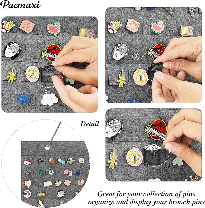 PACMAXI Hanging Brooch Pin Organizer, Display Pins Storage Case, Brooch Collection Storage Holder, Holds Up to 96 Pins.(Not Include Any Accessories) (M-170 Slots, Light Grey, Medium)