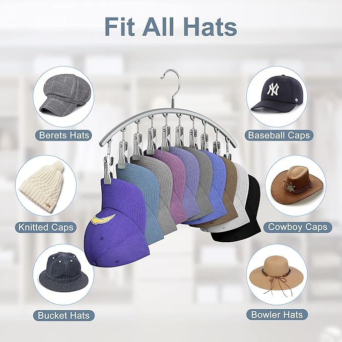 Yecuip Hat Hangers for Closet, Metal Hat Organizer for Baseball Caps 2 Pack Door Hat Racks for Baseball Caps w/ 10 Large Clips, Baseball Cap Hangers for Closet Storage, Fits All Caps
