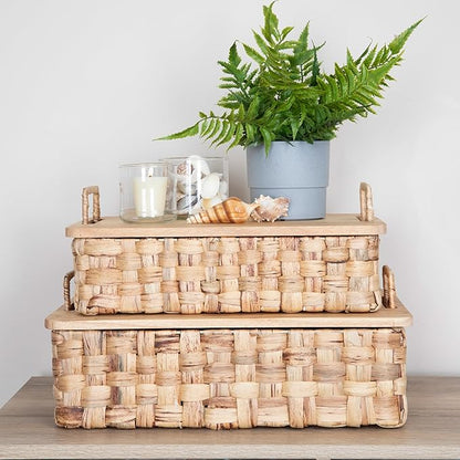 Household Essentials Stackable Hyacinth Baskets with Oak Lids, Natural, Set of 2