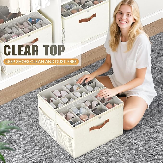 Budding Joy 2 Pack Shoe Organizer for Closet, Clear Foldable Shoe Storage Containers Adjustable Dividers Fits 16 Pairs,Shoe Storage Bins Baskets Boxes with Reinforced Handles Beige