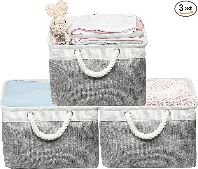 Simple Houseware 15.7" x 12" Wide & Low Fabric Storage Bin for Shallow Gaps and Closet, Braided Handles, 3 Pack, Gray