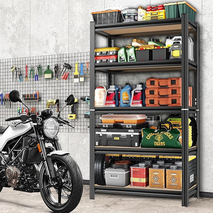 5 Tier Garage Shelving Wood Storage Shelves 2000 lb Load Capacity Adjustabl Shelving Units 57.4" H*29.5" W*11.8" D Metal Shelf Suitable for Basement Warehouse Pantry,Black