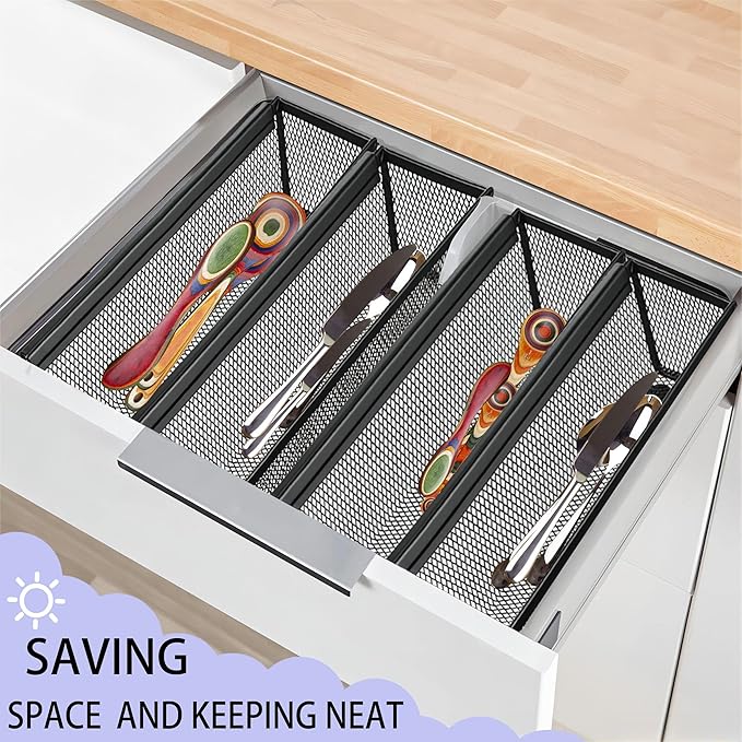 2PCS Drawer Organizer for Kitchen,Utensil Mesh Drawer Organizer with Interlocking Arm for Cosmetic,Flatware,Pen (12 * 3 * 2 Inches,Black)