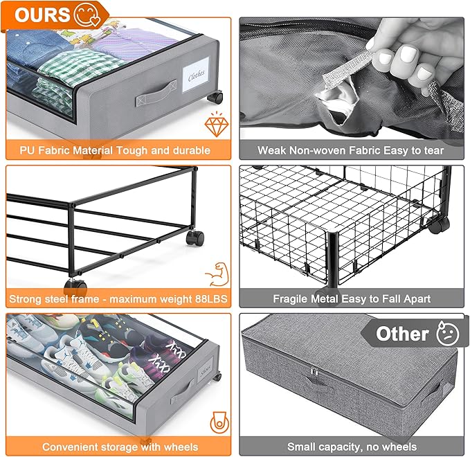 Under Bed Storage with Wheels, 4 Pack Under Bed Storage Containers with Dividers & Clear Lids, XXL 65L Under the bed storage Organizer Bins, Underbed Storage with Wheels for Clothes,Shoes,Toys - Gray