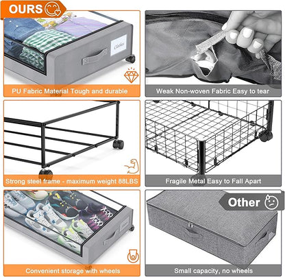 Under Bed Storage with Wheels, 4 Pack Under Bed Storage Containers with Dividers & Clear Lids, XXL 65L Under the bed storage Organizer Bins, Underbed Storage with Wheels for Clothes,Shoes,Toys - Gray