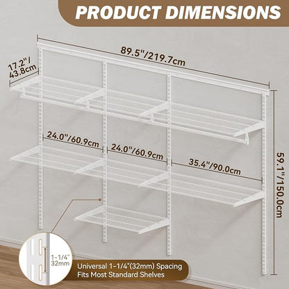 Closet System Wall Mounted 2-7.5 Ft, Heavy Duty Adjustable Wire Shelving with Hanging Rod, Custom Organizer Kit for Bedroom Laundry Mudroom, White