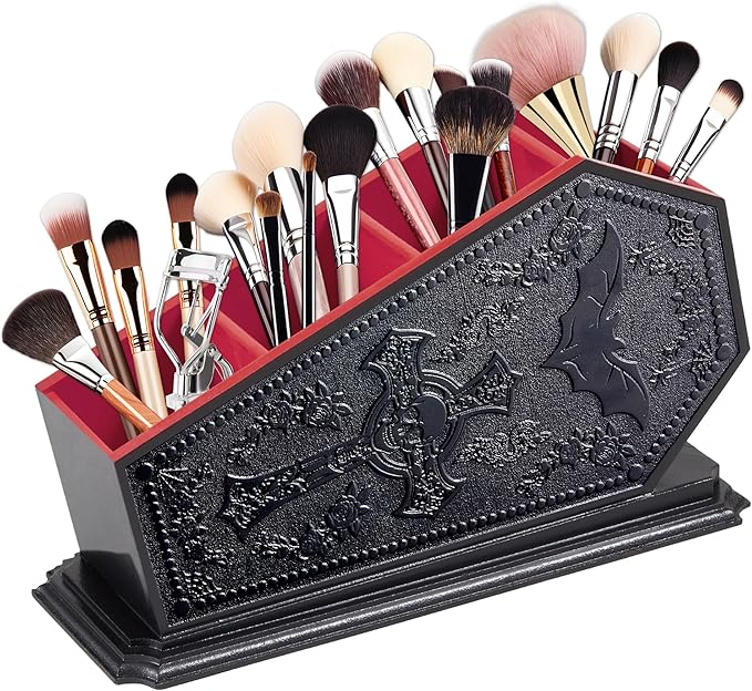 Gothic Coffin Decor Makeup Brush Holder,Spooky Witchy Gifts for Women,Bat Cosmetic Display Cases,Goth Decor Pen Holder, Vanity, Desk, Office Organizer for Bedroom Bathroom (Red)
