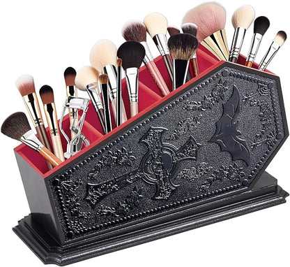 Gothic Coffin Decor Makeup Brush Holder,Spooky Witchy Gifts for Women,Bat Cosmetic Display Cases,Goth Decor Pen Holder, Vanity, Desk, Office Organizer for Bedroom Bathroom (Red)