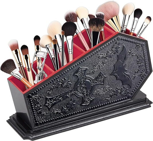 Gothic Coffin Decor Makeup Brush Holder,Spooky Witchy Gifts for Women,Bat Cosmetic Display Cases,Goth Decor Pen Holder, Vanity, Desk, Office Organizer for Bedroom Bathroom (Red)