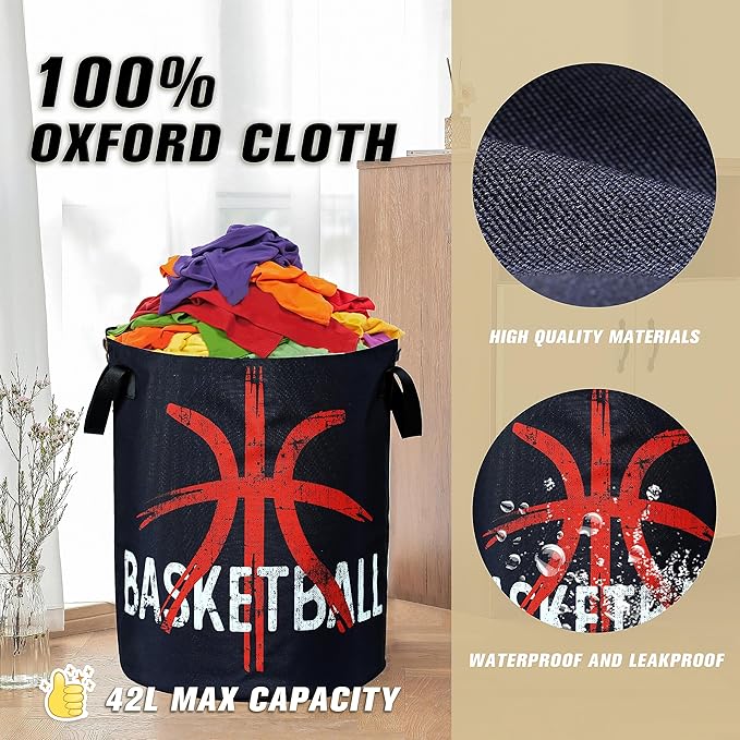 Basketball Laundry Basket Ball Foldable Oxford Cloth Funny Tote Bag Laundry Hamper Clothes Storage Bucket Organizer For Bathroom/Laundry Storage/Bedroom 17.7x13.7 Inch