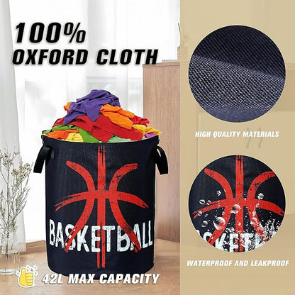 Basketball Laundry Basket Ball Foldable Oxford Cloth Funny Tote Bag Laundry Hamper Clothes Storage Bucket Organizer For Bathroom/Laundry Storage/Bedroom 17.7x13.7 Inch