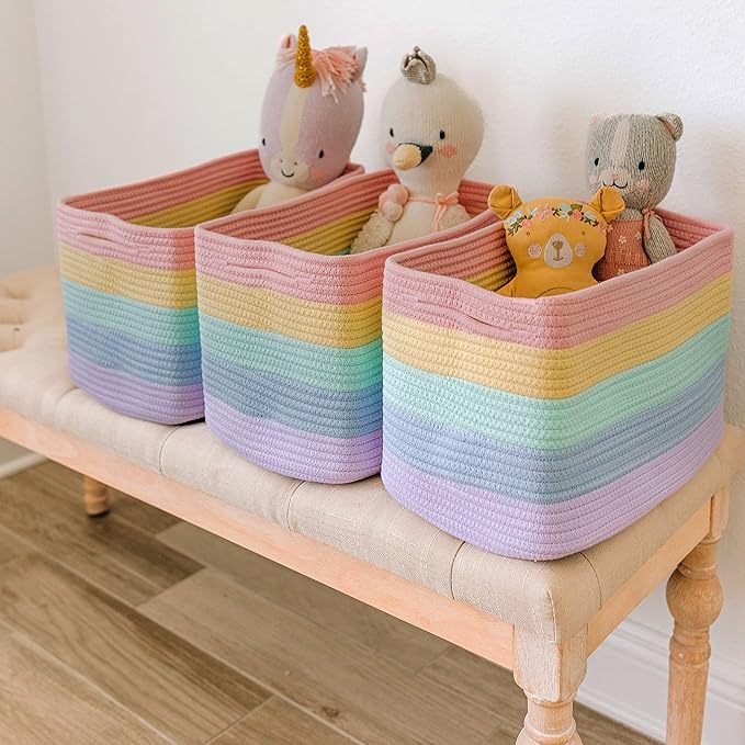 Pastel Rainbow Cotton Rope Baskets for Shelves, Set of 3-15"×10"×9½" - Colorful Storage Baskets for Kids - Nursery, Playroom, Classroom - Toy Storage, Books, Towels