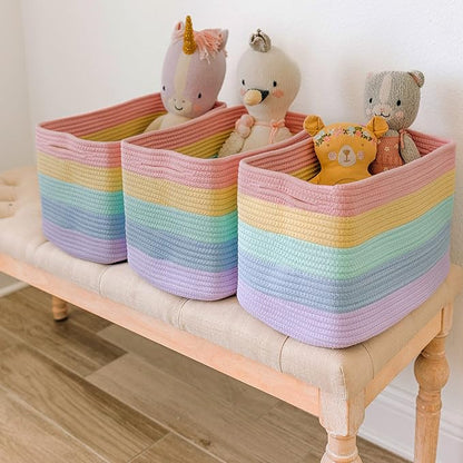Pastel Rainbow Cotton Rope Basket for Shelf Storage - 15"×10"×9½" - Colorful Decorative Basket for Kids - Nursery, Playroom, Classroom - Toy Storage, Books, Towels