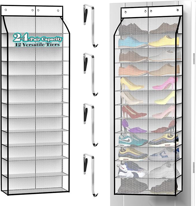 Kotkn 24-Pair Over Door Shoe Organizer for Family & Kids, Double Sided | Hanging Storage for Sneakers, Boots, Toys & Room Organization-Pearl White