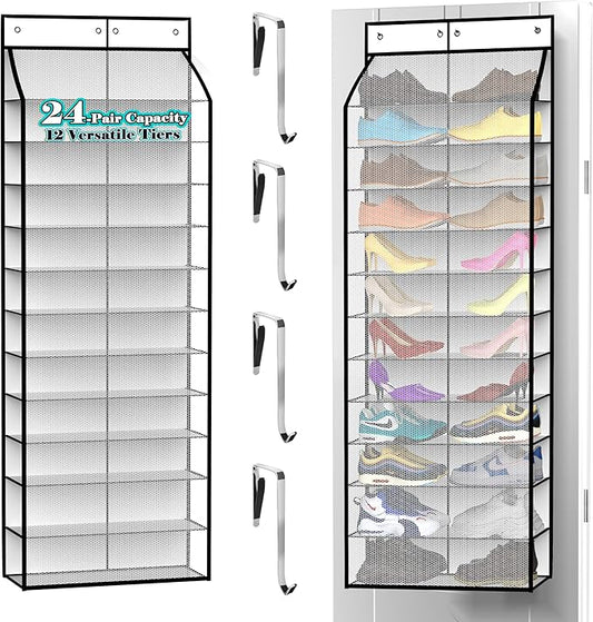 Kotkn 24-Pair Over Door Shoe Organizer for Family & Kids, Double Sided | Hanging Storage for Sneakers, Boots, Toys & Room Organization-Pearl White