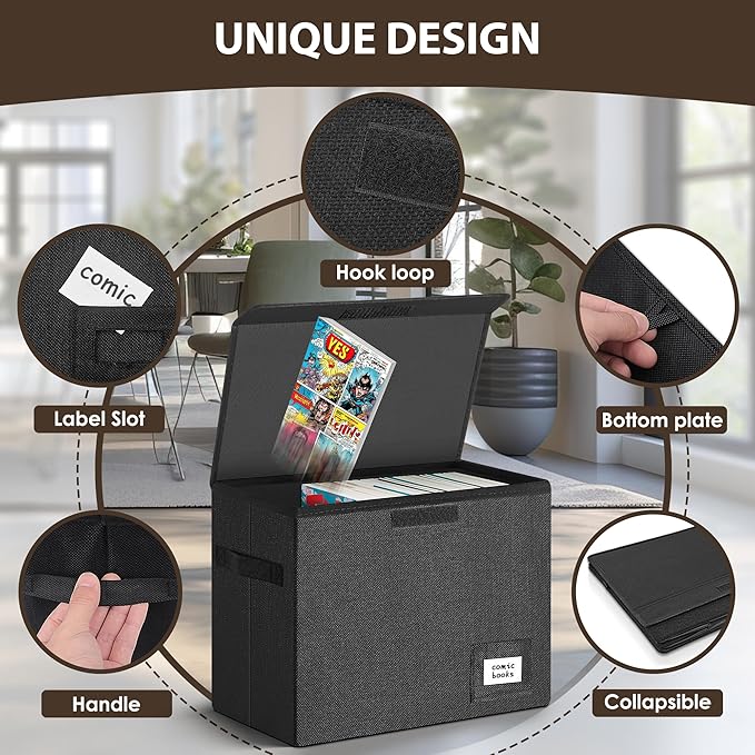 Leffis 3 Pack Comic Book Storage, Comic Book Box Collapsible and Stackable Comic Short Box with Lid and Label Slot 15.5" X 7.5" X 11.3" Holds 150 Comics (Black)