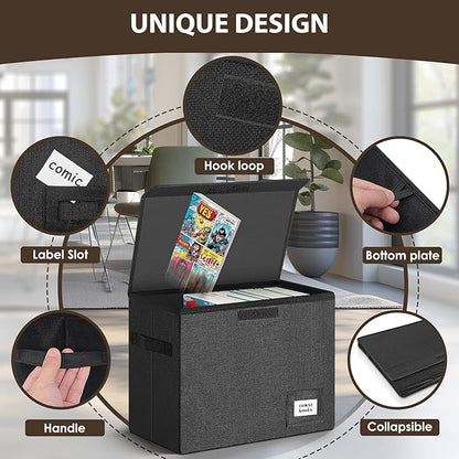 Leffis 3 Pack Comic Book Storage, Comic Book Box Collapsible and Stackable Comic Short Box with Lid and Label Slot 15.5" X 7.5" X 11.3" Holds 150 Comics (Black)