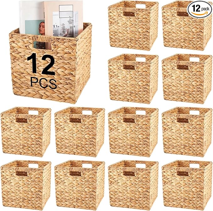 Jinei 12 Pcs Wicker Storage Basket Bulk 12 x 12 x 12 Inch Handwoven Water Hyacinth Cube Bin with Handles Woven Laundry for Organizer Shelves Wood Color