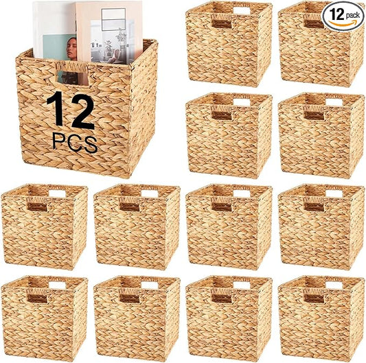 Jinei 12 Pcs Wicker Storage Basket Bulk 12 x 12 x 12 Inch Handwoven Water Hyacinth Cube Bin with Handles Woven Laundry for Organizer Shelves Wood Color