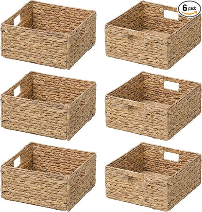 eHemco Large Square Woven Hyacinth Wicker Pantry Storage Baskets with Iron Wire Frame, 12"x12"x6", Natural, Set of 6
