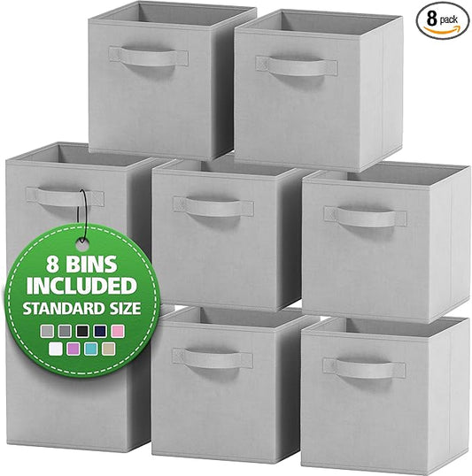 Storage Cubes Pack Of 8 - Standard Size Cube Storage Bin 10.5x10.5x11 With Dual Handles For Easy Carrying- Fabric Storage Bins Collapsible (Light Grey)