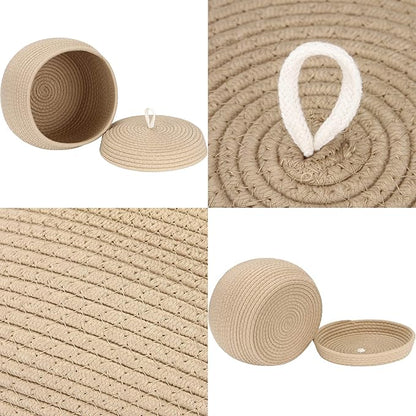Sea Team Round Cotton Rope Storage Basket with Lid, Decorative Woven Storage Bin, Pot, Caddy, Organizer, Container for Snacks, Towels, Plants (Khaki, Small/2-Pack)