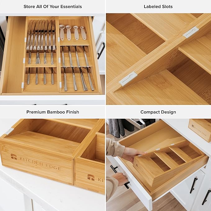 KitchenEdge Premium Cutlery, Flatware, and Silverware Drawer Organizer – Slanted 3-Compartment Design with Labeled Slots, Non-Slip Feet, 100% Sustainable Bamboo, 2 Pack