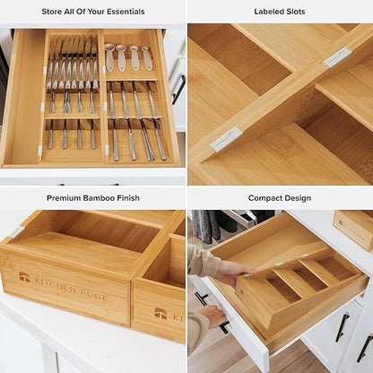 KitchenEdge Premium Cutlery, Flatware, and Silverware Drawer Organizer – Slanted 3-Compartment Design with Labeled Slots, Non-Slip Feet, 100% Sustainable Bamboo, 2 Pack
